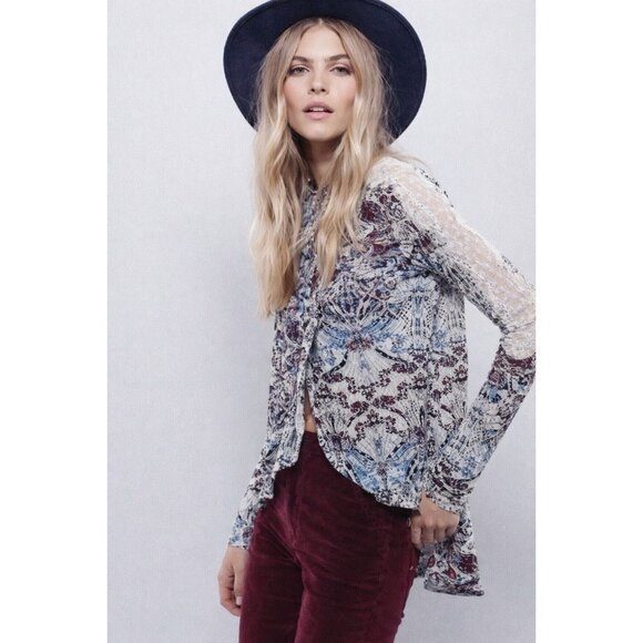 Free People Blouse Layered Open Front Linen Blend Lace Trim Size XS - Picture 2 of 10